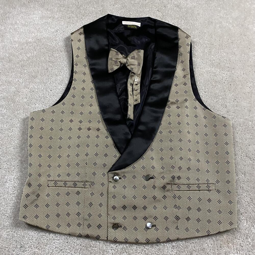 Carrot & Gibbs Suit Vest Mens L Gold Silk Geometric Tuxedo Bow Tie Set USA